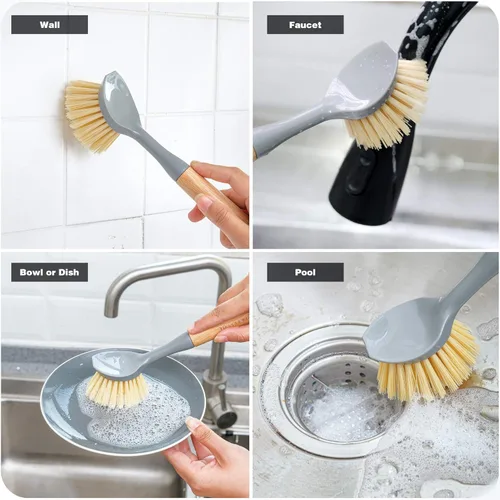 Vista 5 de Juego de 4 cepillos de bambú natural para limpiar botellas, con dispensador de jabón de cerámica, cepillos de madera con asas resistentes