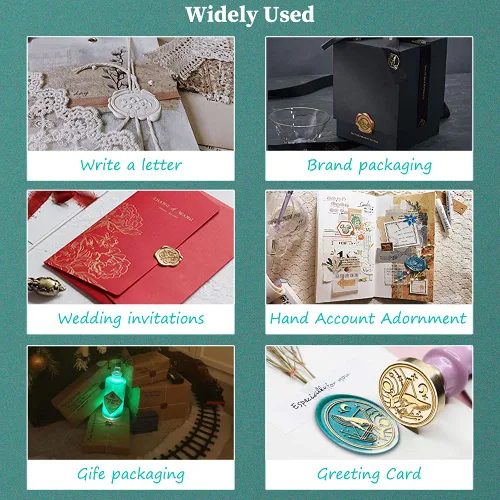 Vista 7 de Juego de sellos de cera para plantas con 6 cabezales de latón extraíbles y 1 mango de madera, sellos de cera retro para decoración de sobres