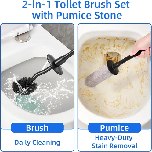 Vista 3 de Juego de escobilla de inodoro y soporte con piedra pómez – Cepillo de inodoro de mango largo, limpiador antisalpicaduras, base ventilada sin goteo