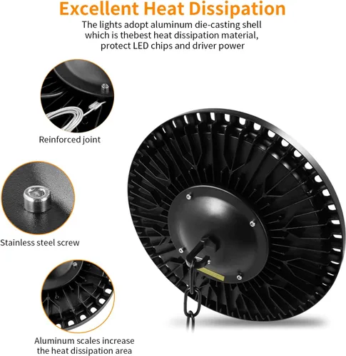 Vista 9 de Luz LED de alta bahía 100W 21,000LM Luces LED UFO LED de alta bahía de 5000 K para iluminación comercial de bahía, luz de área de almacén