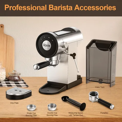 Vista 7 de ILAVIE Máquina de café expreso, máquina de café expreso con espumador de leche, mini cafetera de espresso automática de 20 bares, color plateado