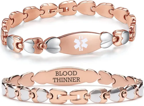 Vista 47 de LinnaLove Pulsera de identificación médica de doble corazón para mujeres 7 1/2 pulgadas de acero inoxidable de moda pulseras de alerta médica