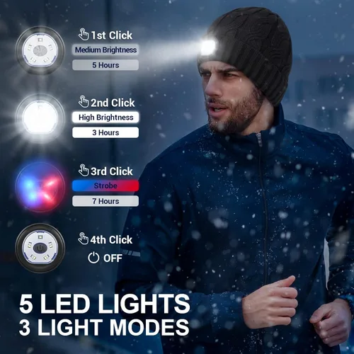 Vista 5 de HIGHEVER Gorro LED con luces, relleno de calcetines para hombres, regalos de Navidad y cumpleaños, Negro oscuro (con forro_super cálido)
