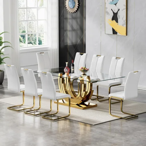 Vista 46 de Juego de mesa de comedor de vidrio de 70 pulgadas para 4, mesa rectangular de cristal dorado con 4 sillas de piel sintética, juego de mesa de Mesa