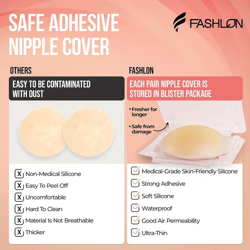 Vista 5 de FASHLON Paquete de cinta adhesiva para tetas de 2 rollos (café oscuro) y 2 pares de cubiertas de silicona para pezones (beige)