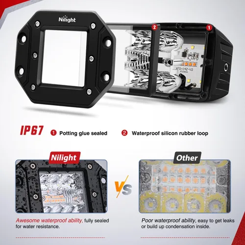 Vista 6 de Nilight Cápsulas de luz LED de montaje empotrado, 2 unidades de 42 W, color blanco ámbar, 3 modos de iluminación, luces antiniebla, haz combinado