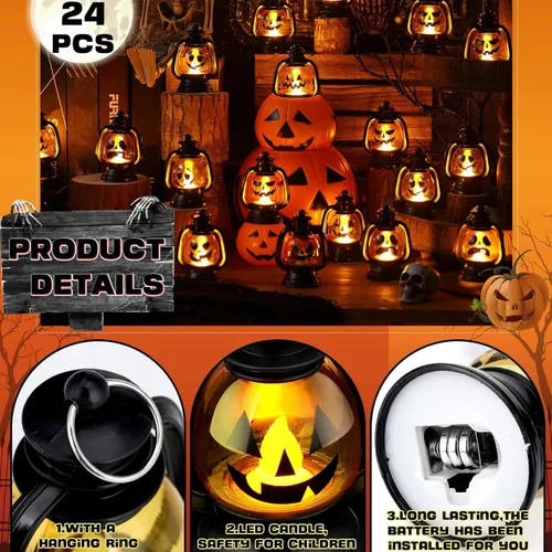 Vista 2 de ROCEEI 24 mini faroles de calabaza de Halloween de 3.54 pulgadas, centro de mesa Jack O Lantern, decoración colgante de Halloween, lámpara de luz a