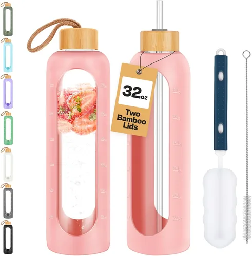 Vista 11 de Botellas de agua de vidrio de 32 onzas, botella de agua motivacional de vidrio con funda de silicona, popote y 2 tapas de bambú, vaso de admisión 1