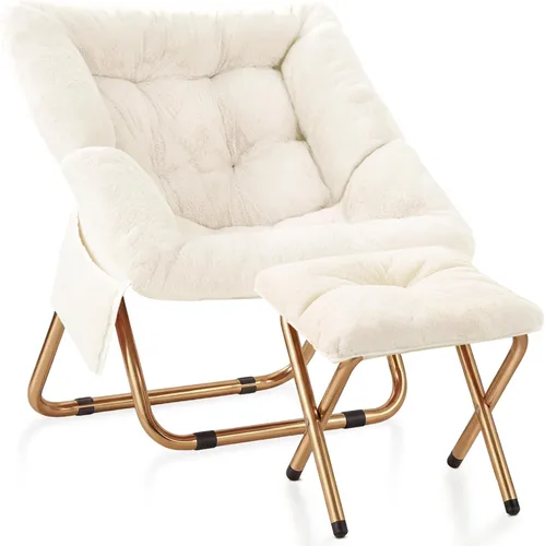 Vista 17 de Kasunpul Silla de Platillo Cómoda, Sillas Plegables para Sala de Estar, Silla de Lona de Pelo Sintético Suave para Dormitorio, Sillas de Lectura