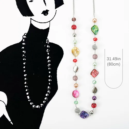 Vista 5 de FULU AUTUMN Collares largos de cuentas para mujer, collar de cadena de eslabones de plata con cuentas de cristal de concha, regalos de fiesta