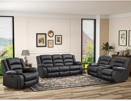 Vista 14 de EBELLO Sofá reclinable manual de piel sintética con 2 portavasos ocultos, reposabrazos rellenos, sofá reclinable de 3 asientos, sofá para sala