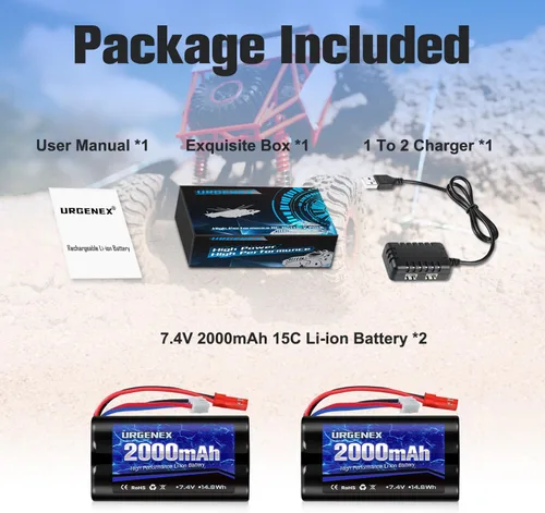 Vista 7 de Batería de iones de litio de 2000 mAh 7.4 V con enchufe JST 2S batería recargable RC con 1 a 2 cargador USB apto para helicóptero RC camión y barcos