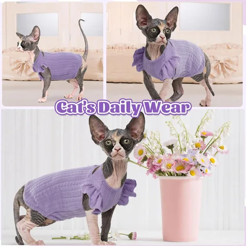 Vista 14 de DENTRUN Sphynx - Camisa de gatos sin pelo, ropa de gatito con lindas mangas con volados, transpirable, para gato, suéter, overol de traje de Sphynx