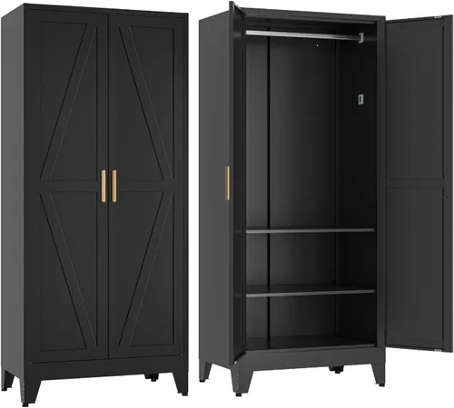 COFaR Armario de metal con puertas, armario negro de granja con barra para colgar y estantes ajustables, armario de 71 pulgadas de alto para