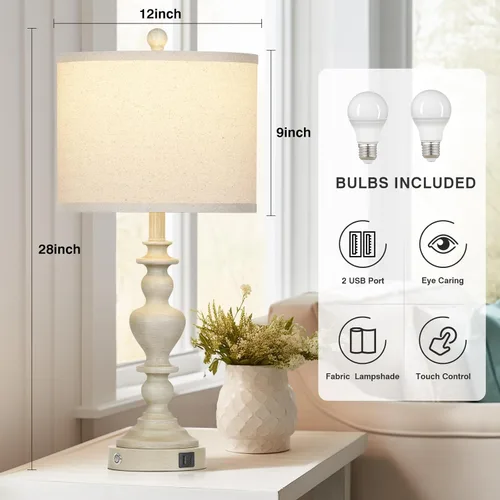 Vista 3 de 27" Farmhouse Lamps Set of 2 with USB C+A Charging Ports, Vintage Rustic Touch Control Table Lamp for Living Room, 3-Way Dimmable Traditional