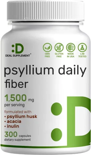 Cáscara de psyllium 1500mg por porción, 300 cápsulas – Suplemento de fibra 3 en 1 con complejo de inulina y acacia – Fibra soluble natural, apoya la