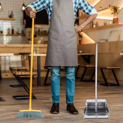 Vista 2 de Recogedor resistente con mango largo de acero inoxidable, recogedor vertical de pie, pala de metal, recogedor para interior y exterior, vestíbulo