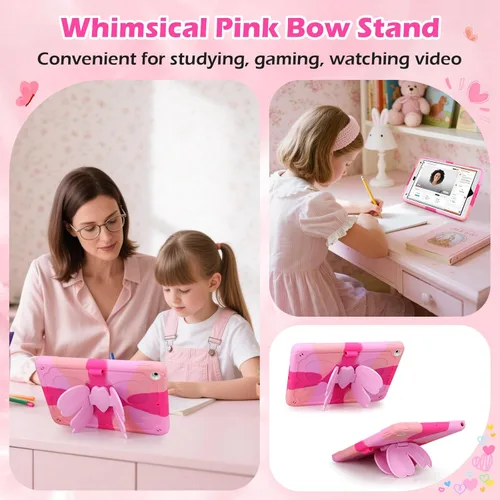 Vista 6 de VOFUOE Funda para iPad de 9ª/8ª/7ª generación para niños y niñas, con soporte de lazo dulce, correa para el hombro, soporte para lápices, funda