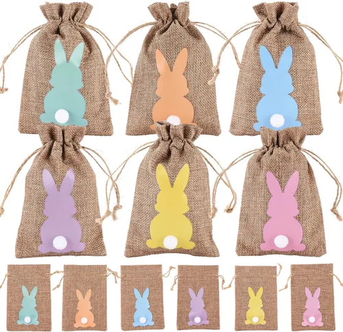 24 bolsas de arpillera de Pascua con cordón, bolsas de arpillera de yute de Pascua, bolsa de regalo de arpillera de conejo, bolsas de dulces con
