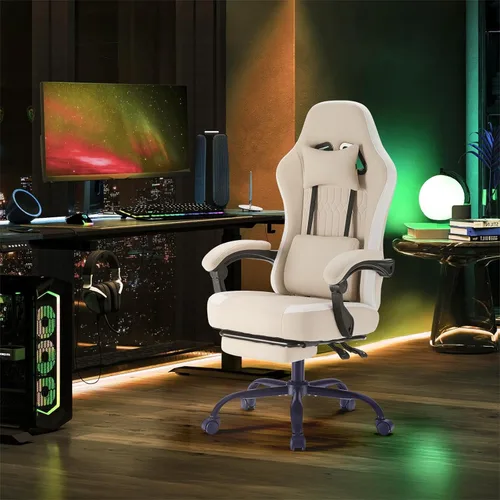 Vista 3 de Sweetcrispy Gaming Desk Chair - Ergonomic Computer with Footrest and Comfy Lumbar Support, PU Leather with Headrest & Linkage Armrest, Height