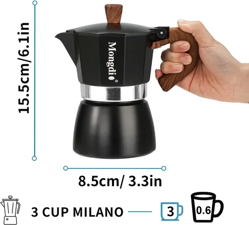 Vista 4 de Mongdio Cafetera de café expreso Moka Pot, cafetera cubana, cafetera de estufa Moka Italian Espresso Greca, cafetera percoladora, 3 tazas de Negro