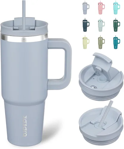 Vista 42 de BJPKPK - Vaso de 40 onzas con asa, vasos aislados con tapa y pajilla, de acero inoxidable, vaso térmico, color limón