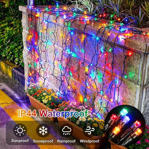 Vista 3 de QITONG Paquete de 2 luces solares de Navidad multicolor, cada cadena de 100 luces LED de 33 pies para exteriores, impermeable, 8 modos de cable