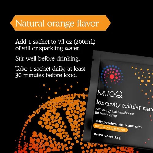 Vista 2 de MitoQ Longevity - Mezcla diaria de bebida en polvo para agua celular, sabor a naranja natural, antioxidante dirigido a mitocondrias, energía celular