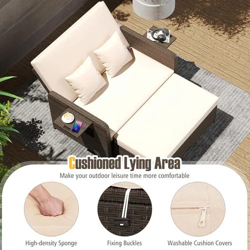 Vista 3 de LDAILY Moccha - Sofá cama para exteriores, sofá biplaza de mimbre con respaldo ajustable de 4 posiciones, otomana de almacenamiento, cojines, Beige