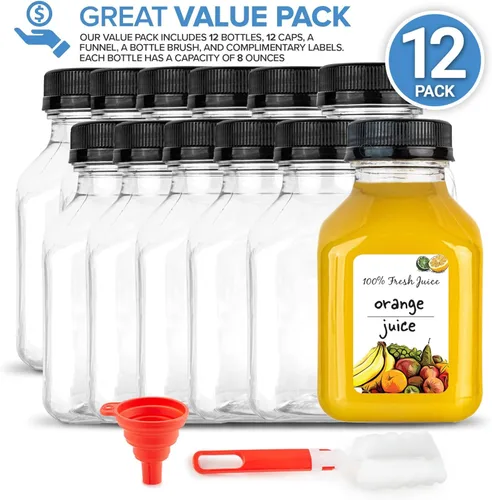 Vista 2 de Botellas de jugo de 8 onzas con tapas, recipientes reutilizables de plástico transparente para bebidas (paquete de 12) - Mini botellas de agua