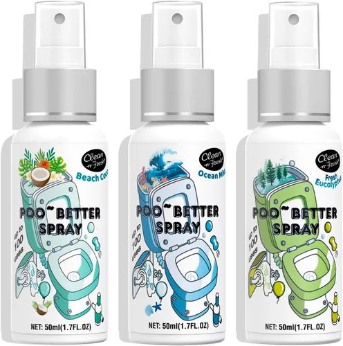 Clean-n-Fresh - Aerosol para inodoro, variedad de 3 unidades - Bruma marina/Eucalipto/Coco de playa, eliminación de olores de baño y retrete,