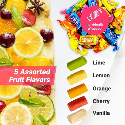 Vista 3 de Caramelos masticables de frutas - Bolsa a granel de 2 libras (Aprox. 140 piezas), Rollos de caramelos masticables, 5 sabores surtidos, caramelos