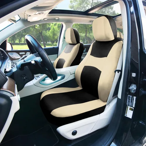 Vista 10 de Juego de fundas de asiento para automóvil, color beige, negro, ajuste universal, con funda para volante y almohadilla para cinturón de seguridad