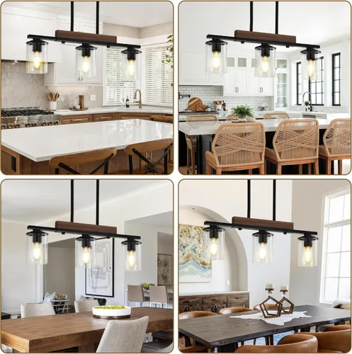 Vista 6 de Lámpara de isla de cocina de 23.6 pulgadas, lámpara de 3 luces para comedor sobre mesa, lámpara colgante de techo de madera rústica moderna negra