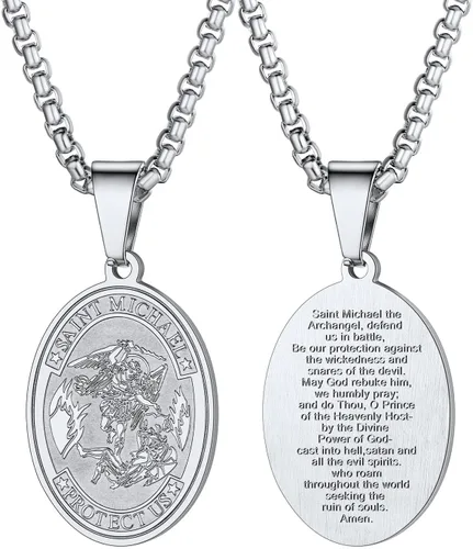 U7 St Michael Pendant Necklace St Benedict Medals Necklace for Men, 22"-24" 00.San Miguel-Óvalo-Plata