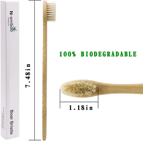 Vista 2 de Cepillo de dientes de bambú con cerdas de jabalí 100% biodegradable y natural, 8 piezas en un paquete