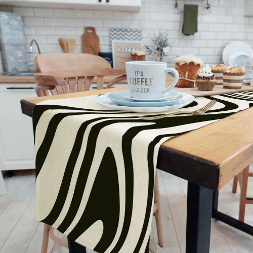 Camino de mesa negro salvia, estético retro bohemio de los años 70, decoración abstracta de remolinos ondulados, decoración de mesa de comedor para
