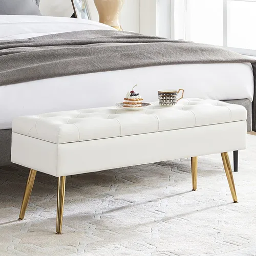 Vista 9 de Banco otomano de almacenamiento para dormitorio, banco otomano con extremo de almacenamiento de cama, color crema