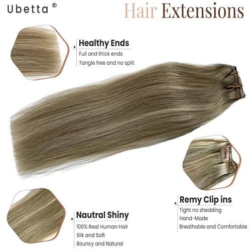 Vista 4 de Extensiones de cabello humano real con clip, rubio ceniza balayage con reflejos rubios, extensiones de cabello humano real Remy con clip, 12