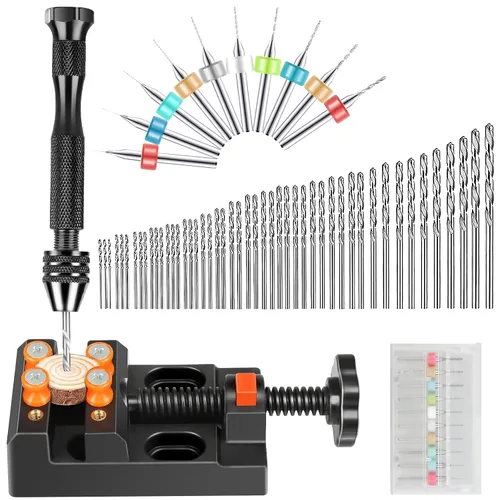 Juego de 60 taladros manuales con tornillo de banco, micro mini brocas helicoidales, herramienta de tornillo de banco para resina y madera, joyería,