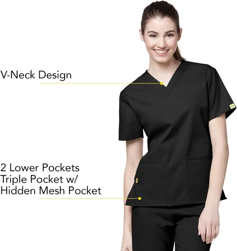 Vista 2 de Bata quirúrgica para mujer Wonderwink con 5 bolsillos y cuello en V
