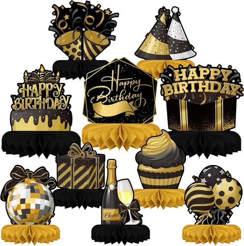 Vista 9 de Decoraciones de fiesta de cumpleaños con patrón de whisky para hombres, centro de mesa de whisky en forma de panal, decoraciones de mesa