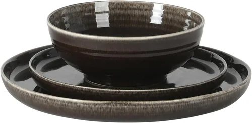 Vista 9 de Gibson Elite Eclipse Swirls Plates and Bowls Sets, 12-Piece Stoneware Dinnerware Sets, Reactive Glaze Dish Set - Black