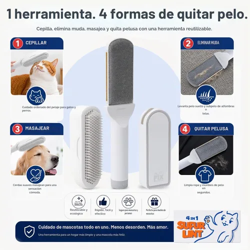Vista 2 de SufurLint - Removedor de pelo de mascotas 4 en 1 para sofá, alfombra y ropa, rodillo reutilizable para eliminar la piel de gatos y perros con base