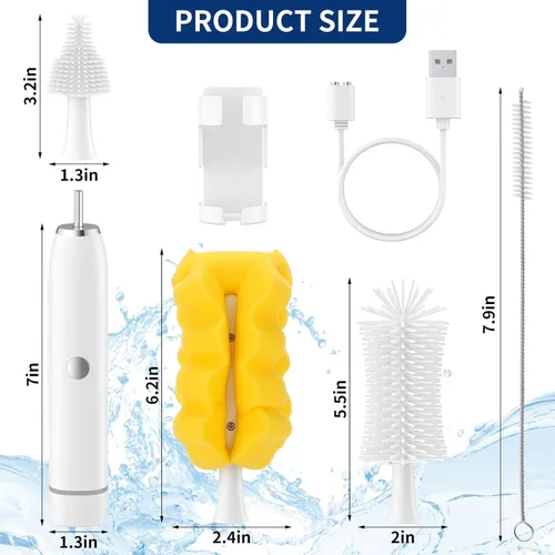 Vista 6 de Juego de cepillos eléctricos para biberones con limpiador de cepillo eléctrico recargable y cepillos de silicona para botellas y limpiador