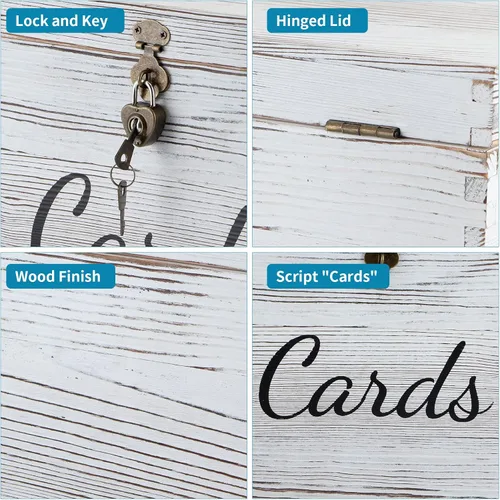 Vista 4 de MDLUU Caja de madera para tarjetas de boda, caja rústica para dinero de boda con cerradura, soporte para sobre, caja de recepción de tarjetas