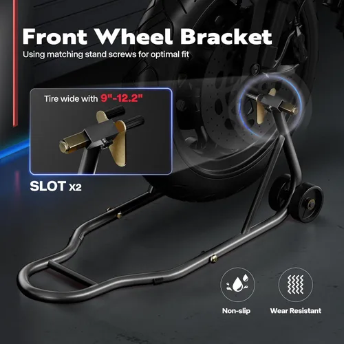 Vista 5 de SPECSTAR Soportes universales para motocicleta, capacidad de 882 libras, ruedas delanteras y traseras, combo de elevación con carrete de basculante