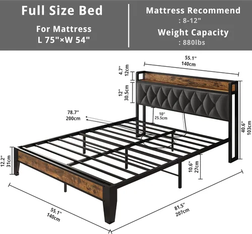 Vista 2 de ANCTOR - Base de cama tamaño Matrimonial, cabecera con almacenamiento y enchufes, fácil de instalar, resistente y estable, sin ruido, no necesita