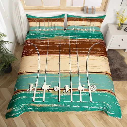 Vista 11 de Juego de ropa de cama de peces para hombres, ropa de pesca en hielo, funda de edredón de pesca retro acuarela de madera con anzuelo de madera