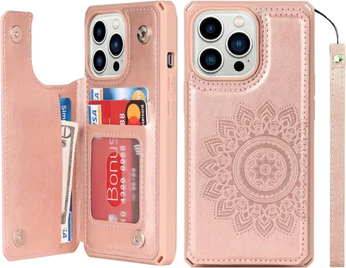 Vista 21 de iCoverCase Funda compatible con iPhone 13 Pro tipo cartera con tarjetero para mujer, bloqueo RFID en relieve, de piel sintética, con correa